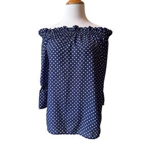 New York & Company Off-the-Shoulder Blue and White Polka Dot Top